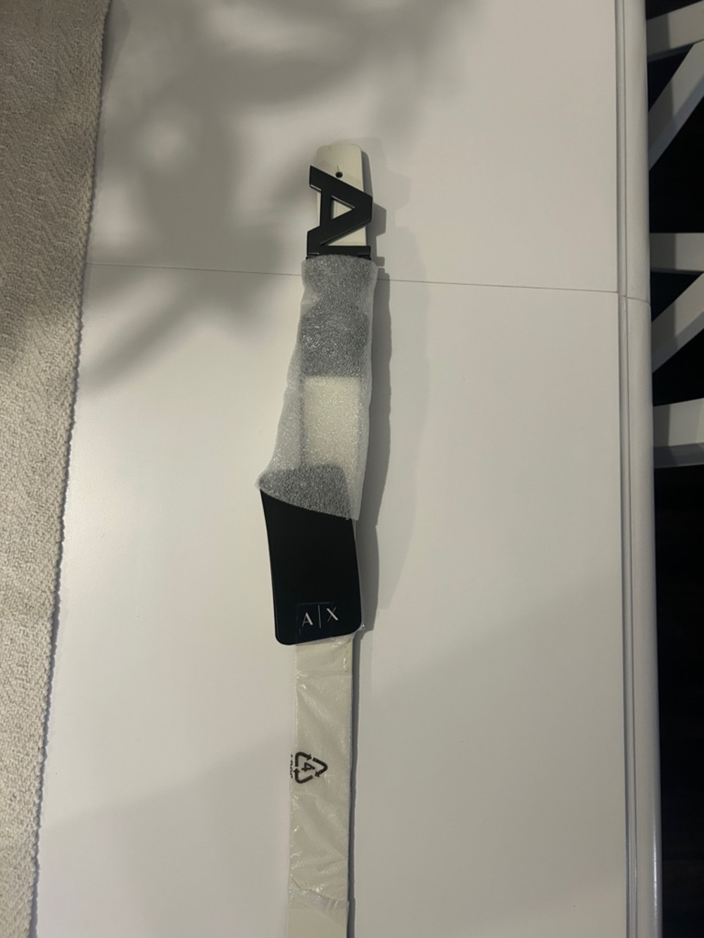 Armani Exchange White Leather Belt with Black AX Buckle